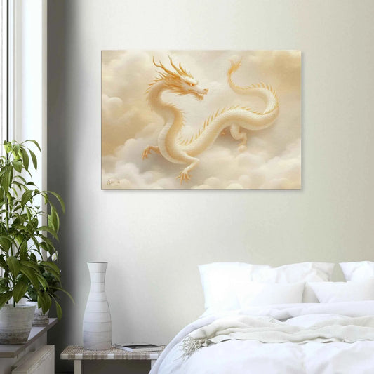 Wanddecoratie Woonkamer – Gouden Draak Oosterse Wijsheid – Luxe Canvas – 70x100cm