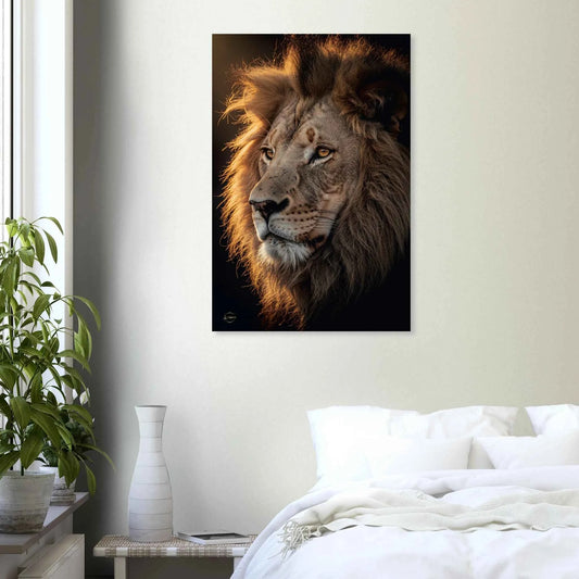 Leeuw Aluminium Print 60x90cm – Mystieke Leeuw Luxe Donkere Stijl – Premium Dibond