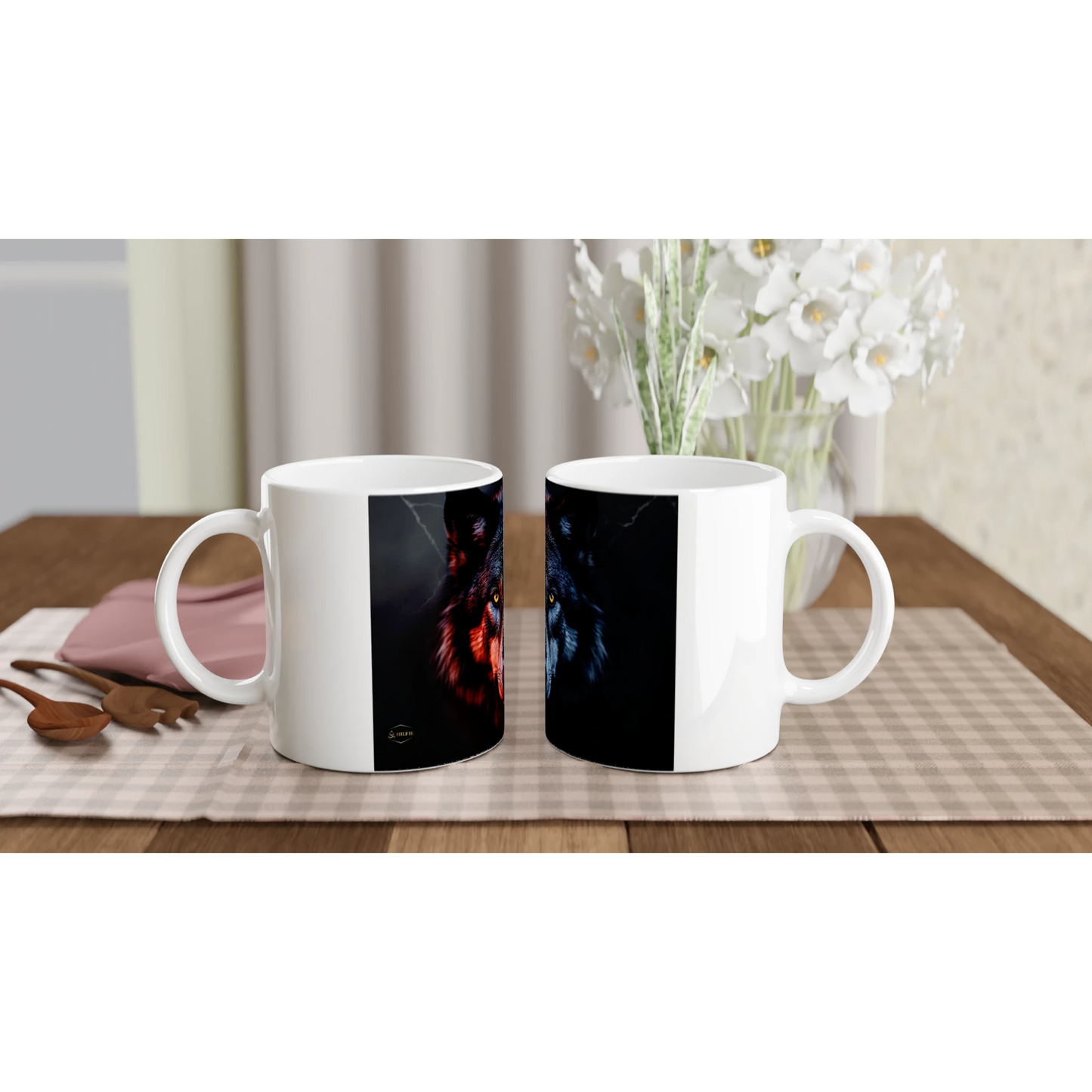 Wolf mok 325ml mystieke wolf detail gele ogen zwart rood blauw keramiek koffie mok