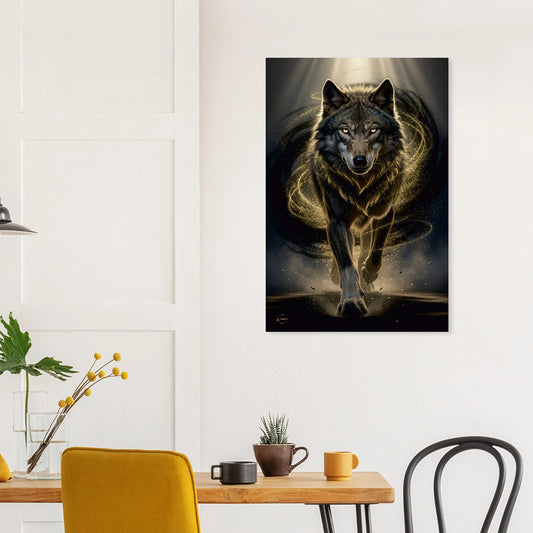 Mystieke wolf aluminium print 60x90cm gouden energie dibond wanddecoratie gouden kunst