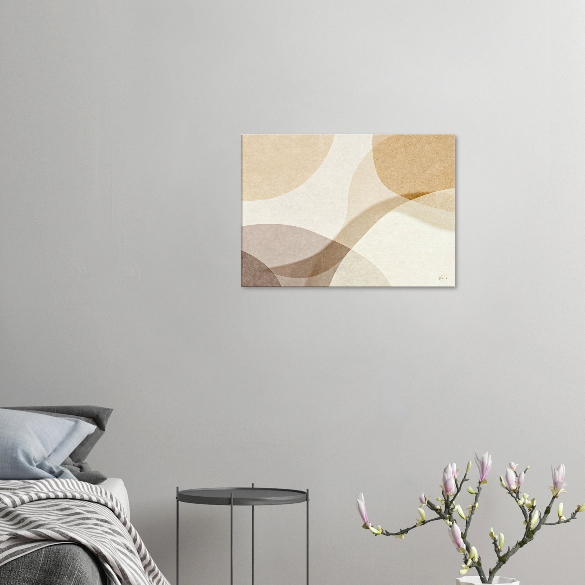 Moderne wanddecoratie woonkamer abstract canvas 50x70cm beige organische vormen kunst