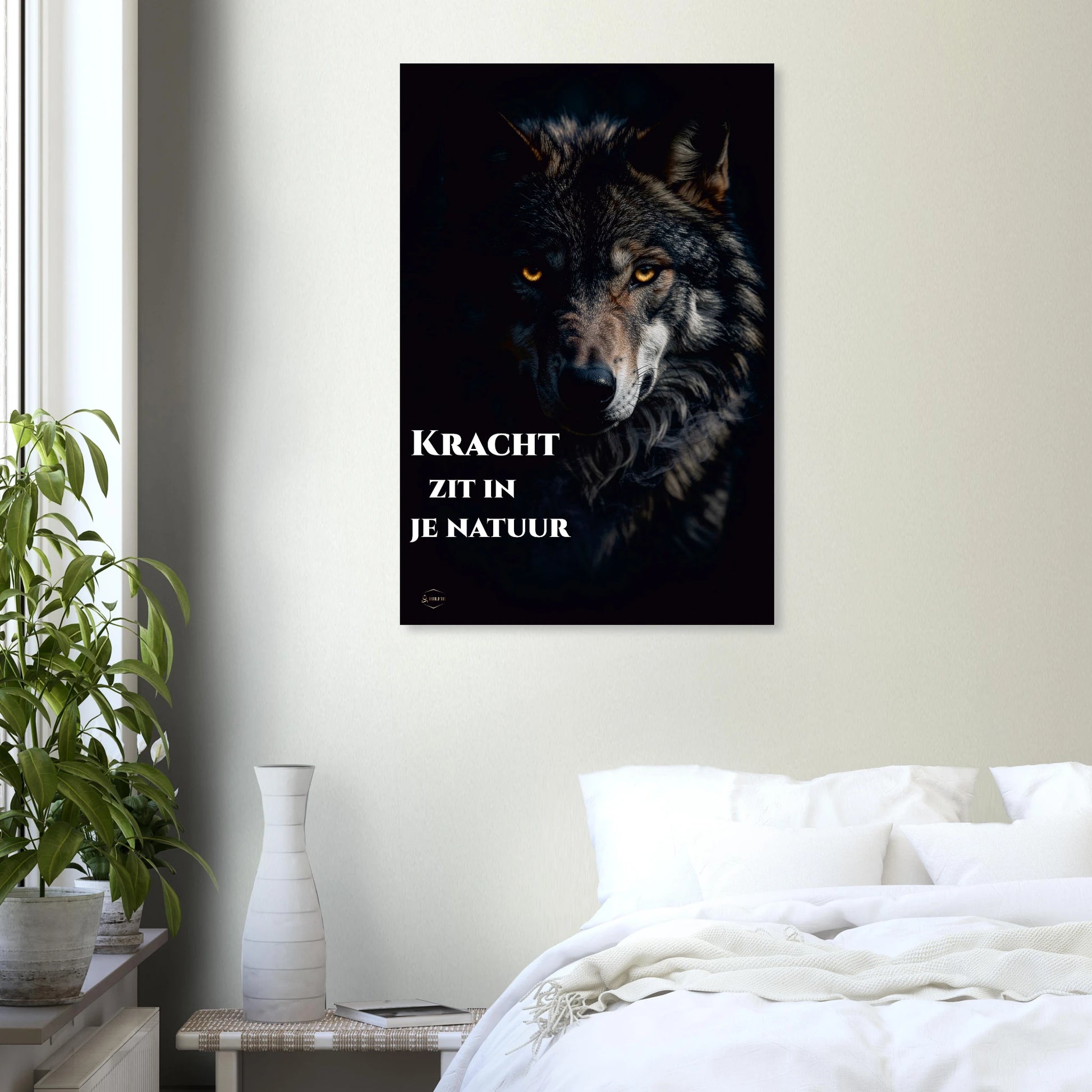 Motivatie wolf aluminium print 60x90cm kracht zit in je natuur dibond wanddecoratie inspirerend