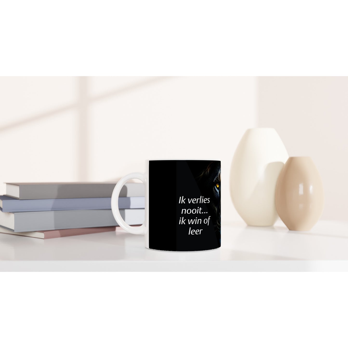 Mok met tekst Ik Win of Leer leeuw design koffie mok keramiek 325ml motivatie