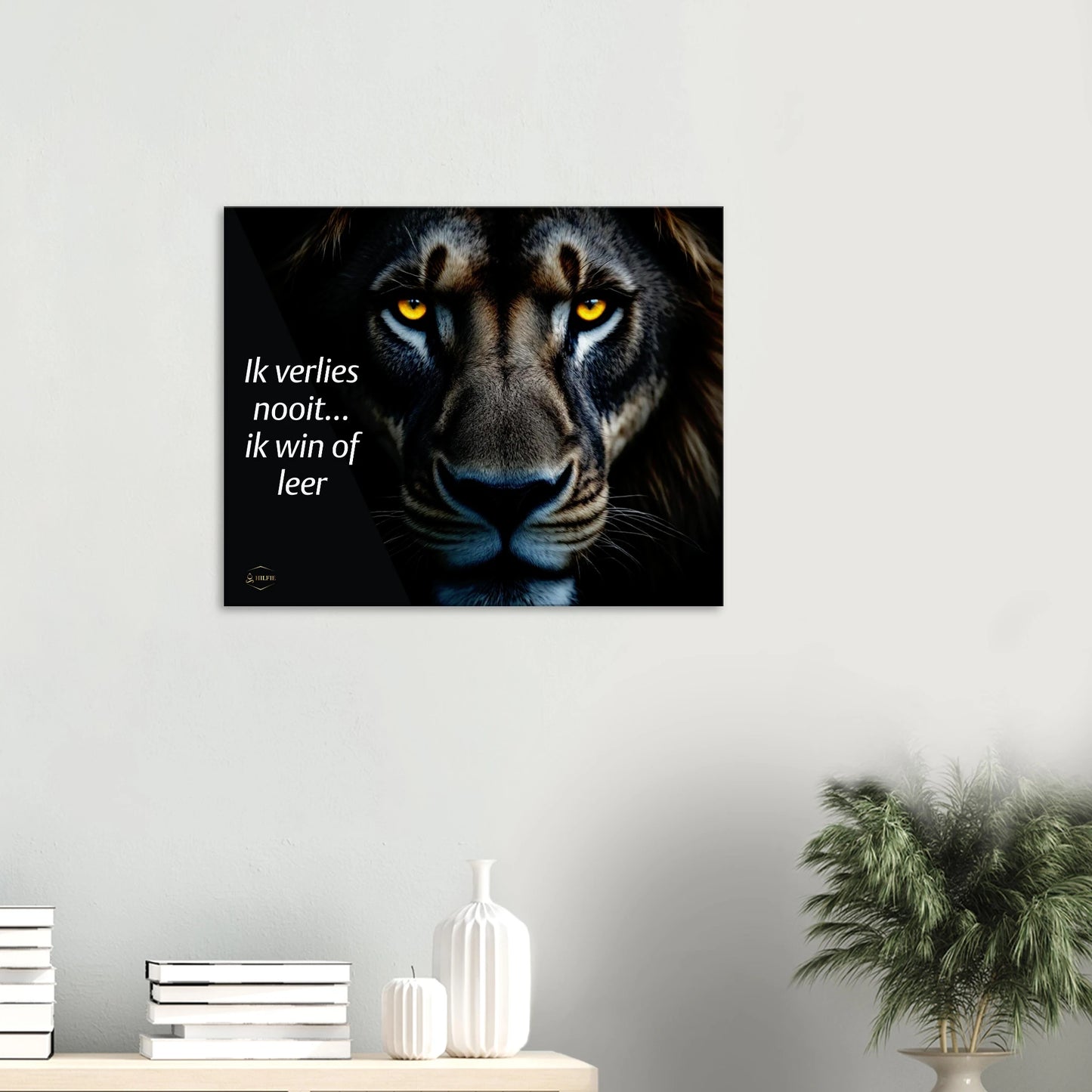 Motivatie leeuw canvas – Ik win of leer quote kunst 60x75cm