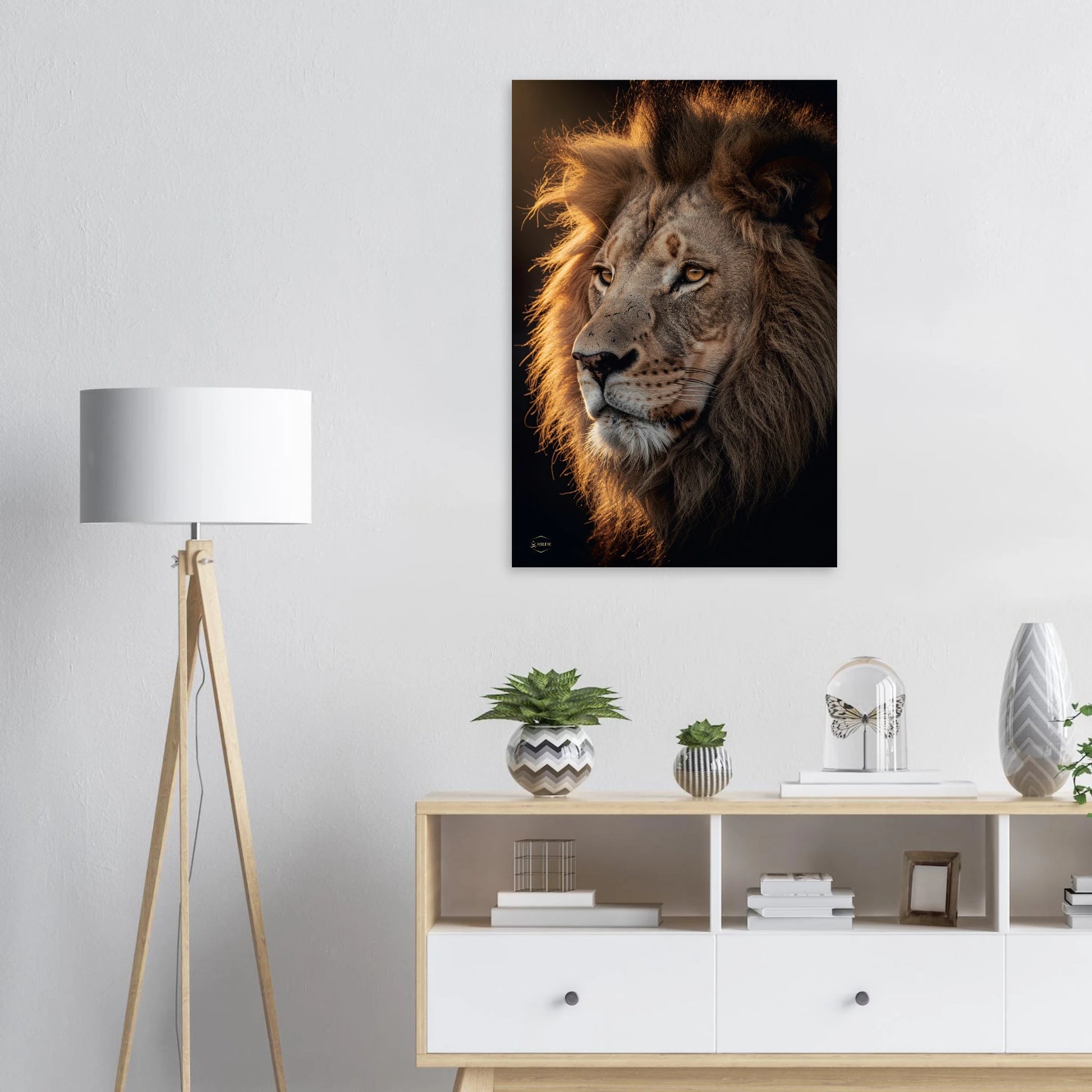 Leeuw aluminium print 60x90cm detail mystieke leeuw donkere stijl dibond premium wanddecoratie