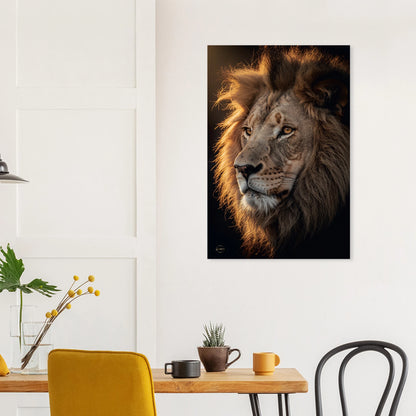 Mystieke leeuw aluminium print 60x90cm woonkamer plaatsing donkere stijl dibond luxe kunst