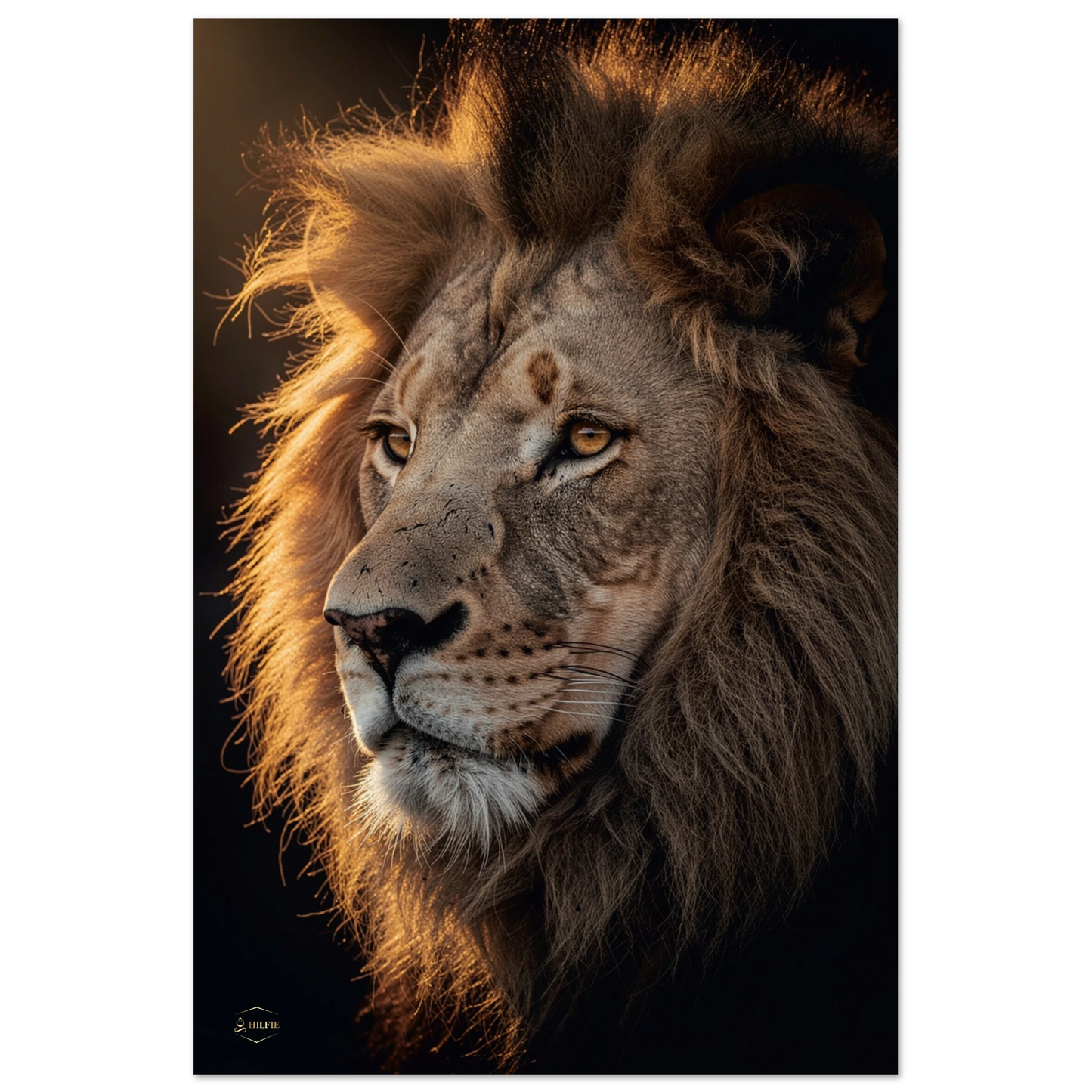 Leeuw aluminium print 60x90cm hoekfoto mystieke leeuw donkere stijl dibond premium wanddecoratie