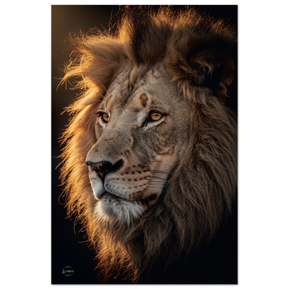 Leeuw aluminium print 60x90cm hoekfoto mystieke leeuw donkere stijl dibond premium wanddecoratie