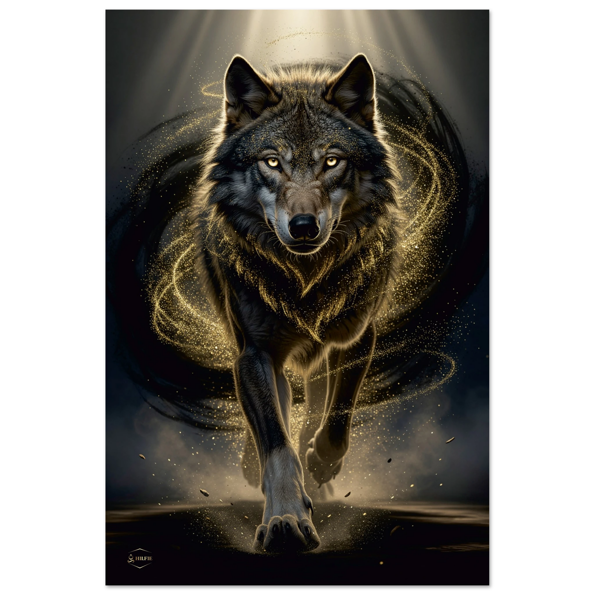 Wolf aluminium print 60x90cm hoekfoto mystieke wolf gouden energie dibond premium wanddecoratie