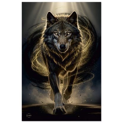 Wolf aluminium print 60x90cm hoekfoto mystieke wolf gouden energie dibond premium wanddecoratie