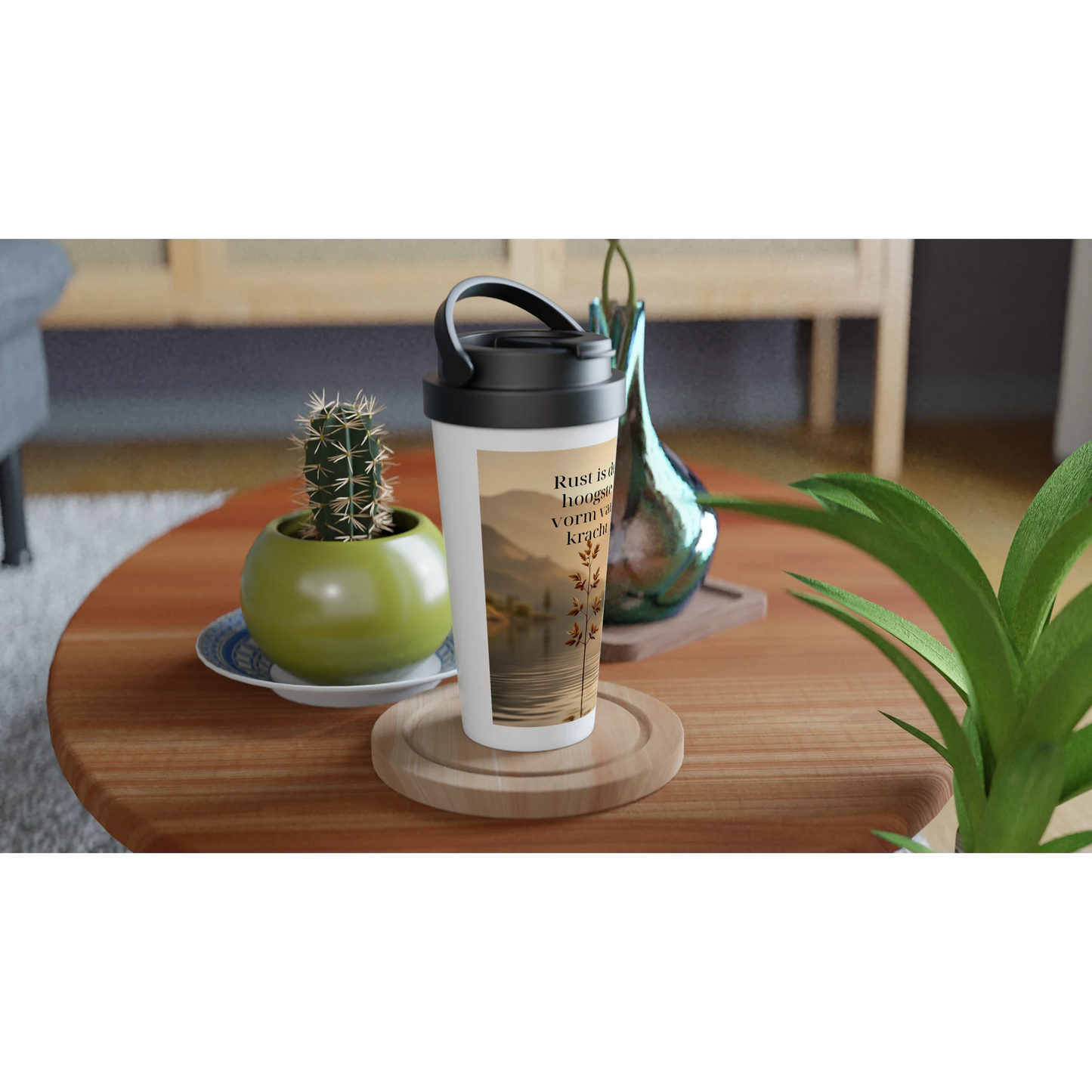 Reismok thermosbeker 440ml eenvoud luxe quote koffie mok RVS close-up detail