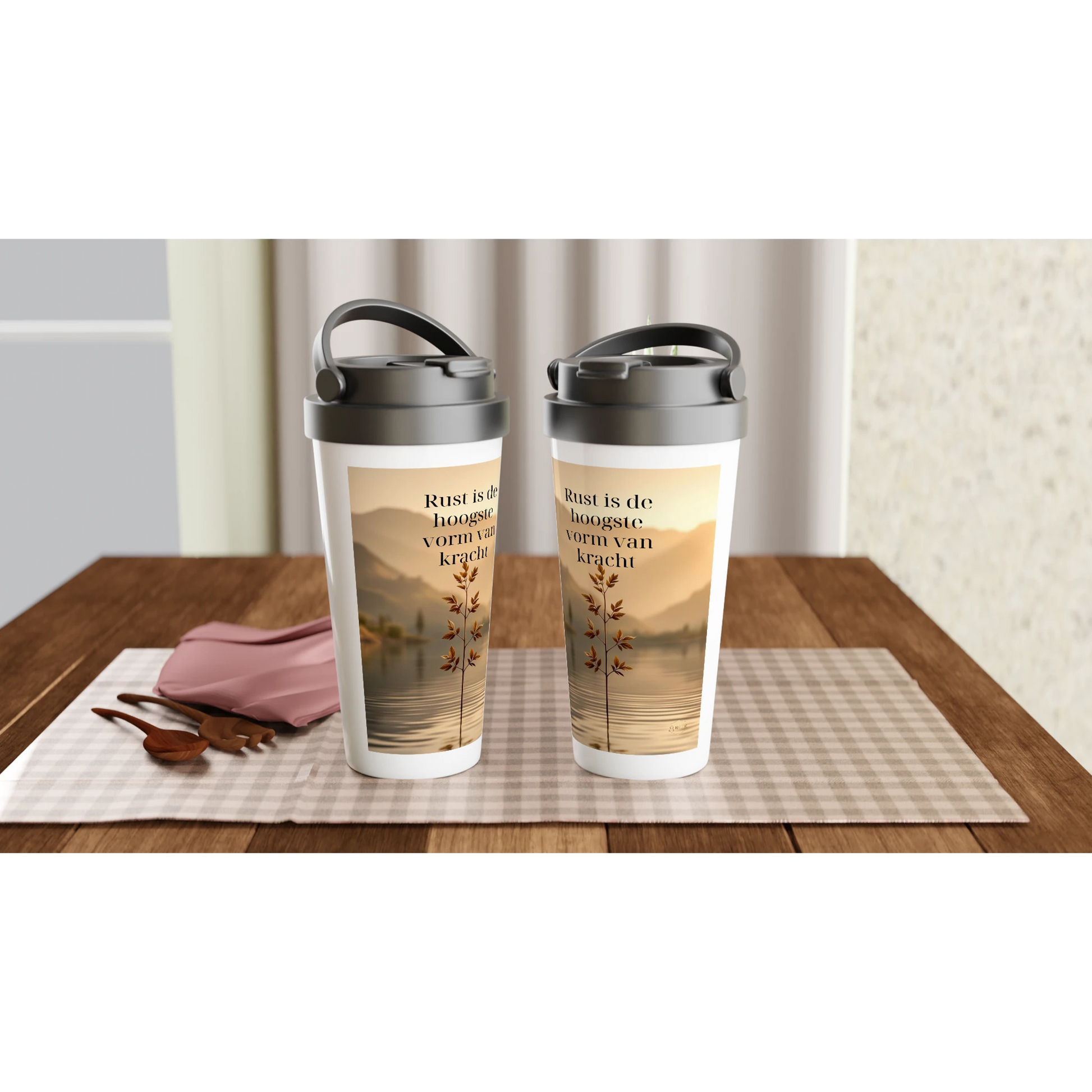 Reismok met tekst minimalistische thermosbeker koffie mok 440ml RVS zijkant detail