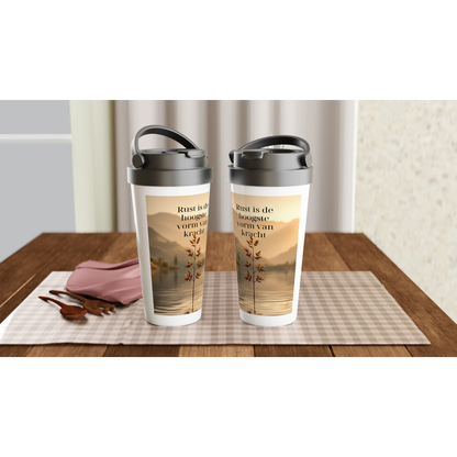 Reismok met tekst minimalistische thermosbeker koffie mok 440ml RVS zijkant detail