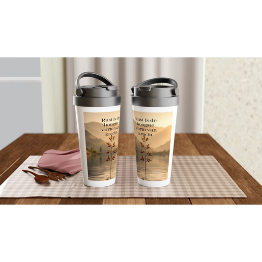 Reismok met tekst minimalistische thermosbeker koffie mok 440ml RVS zijkant detail