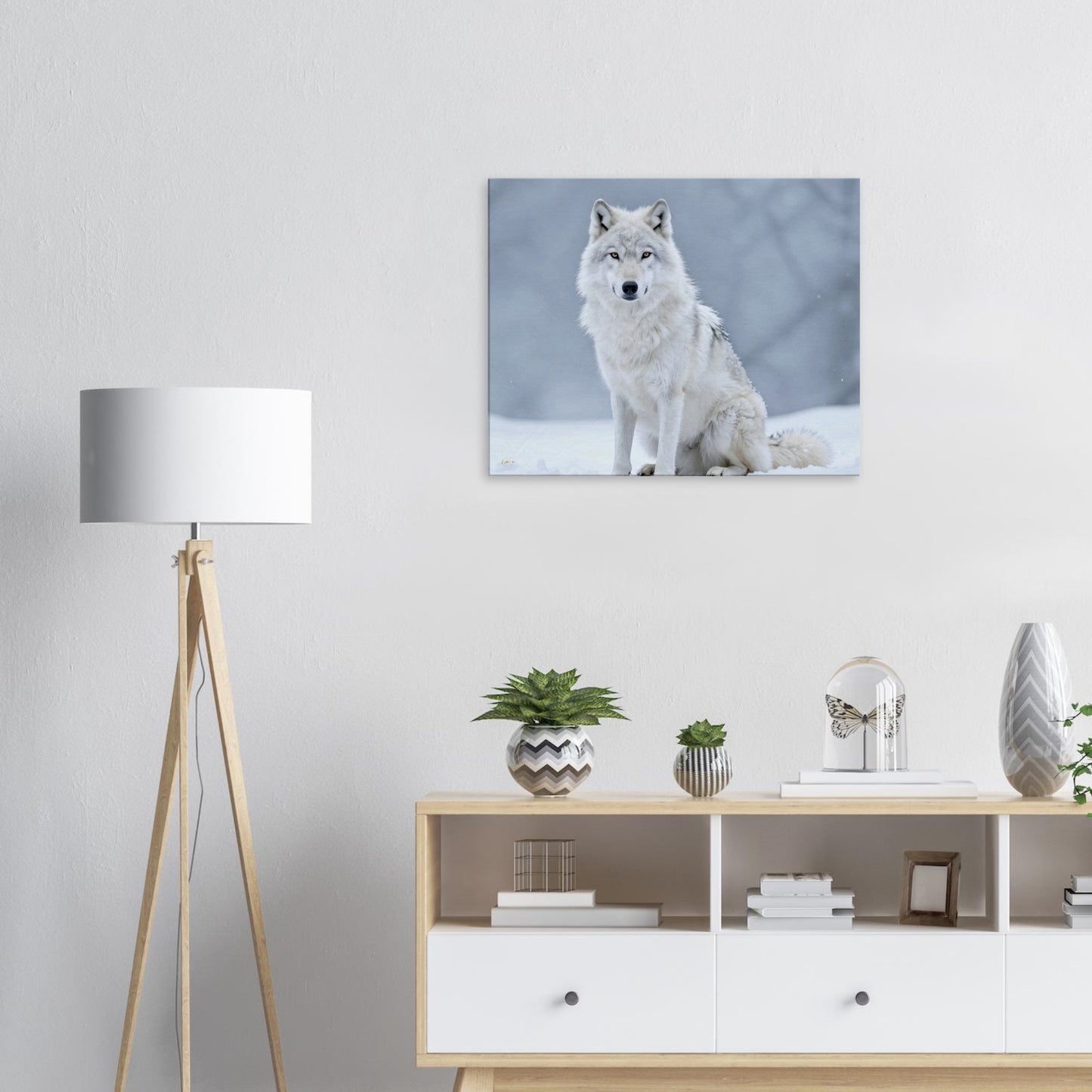 Witte wolf canvas 60x75cm hoekfoto premium wanddecoratie arctisch sneeuwlandschap