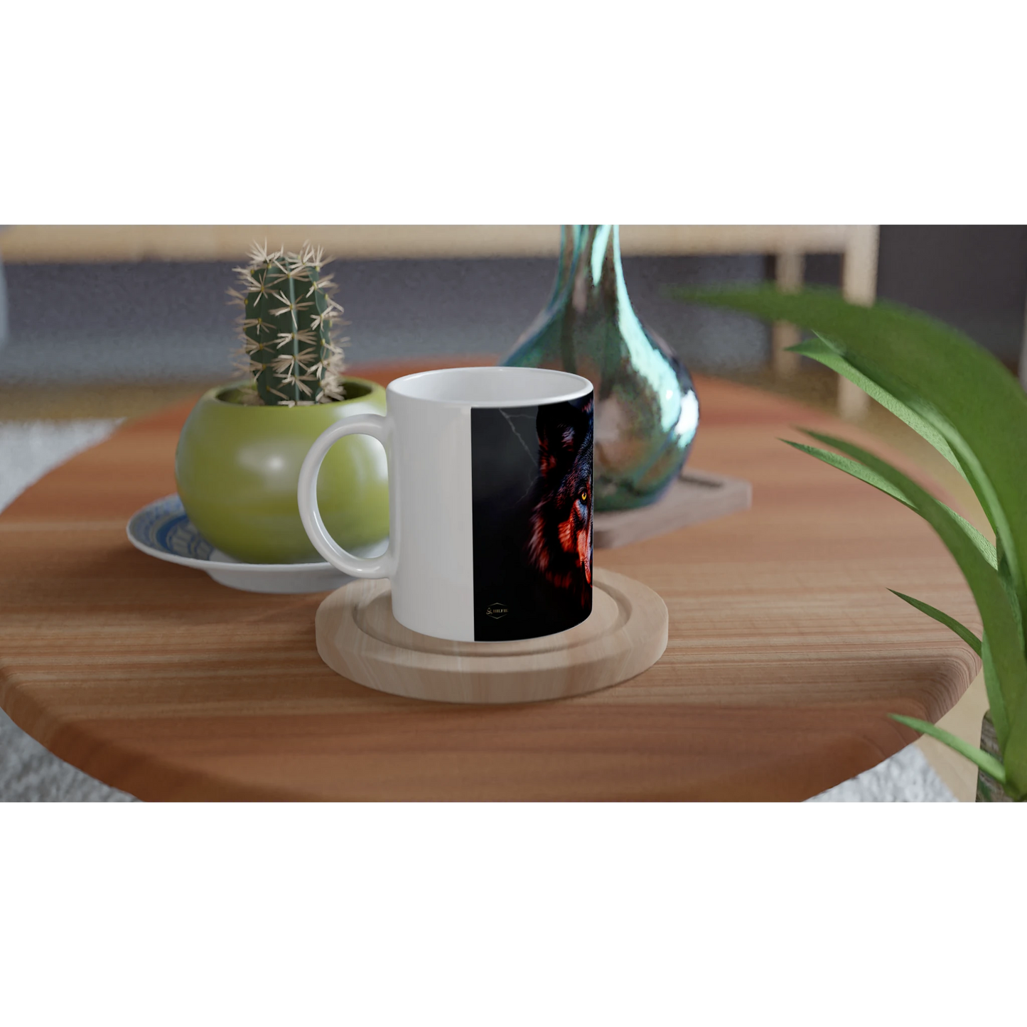 Mystieke wolf mok 325ml zijaanzicht gele ogen premium keramiek koffie mok cadeau