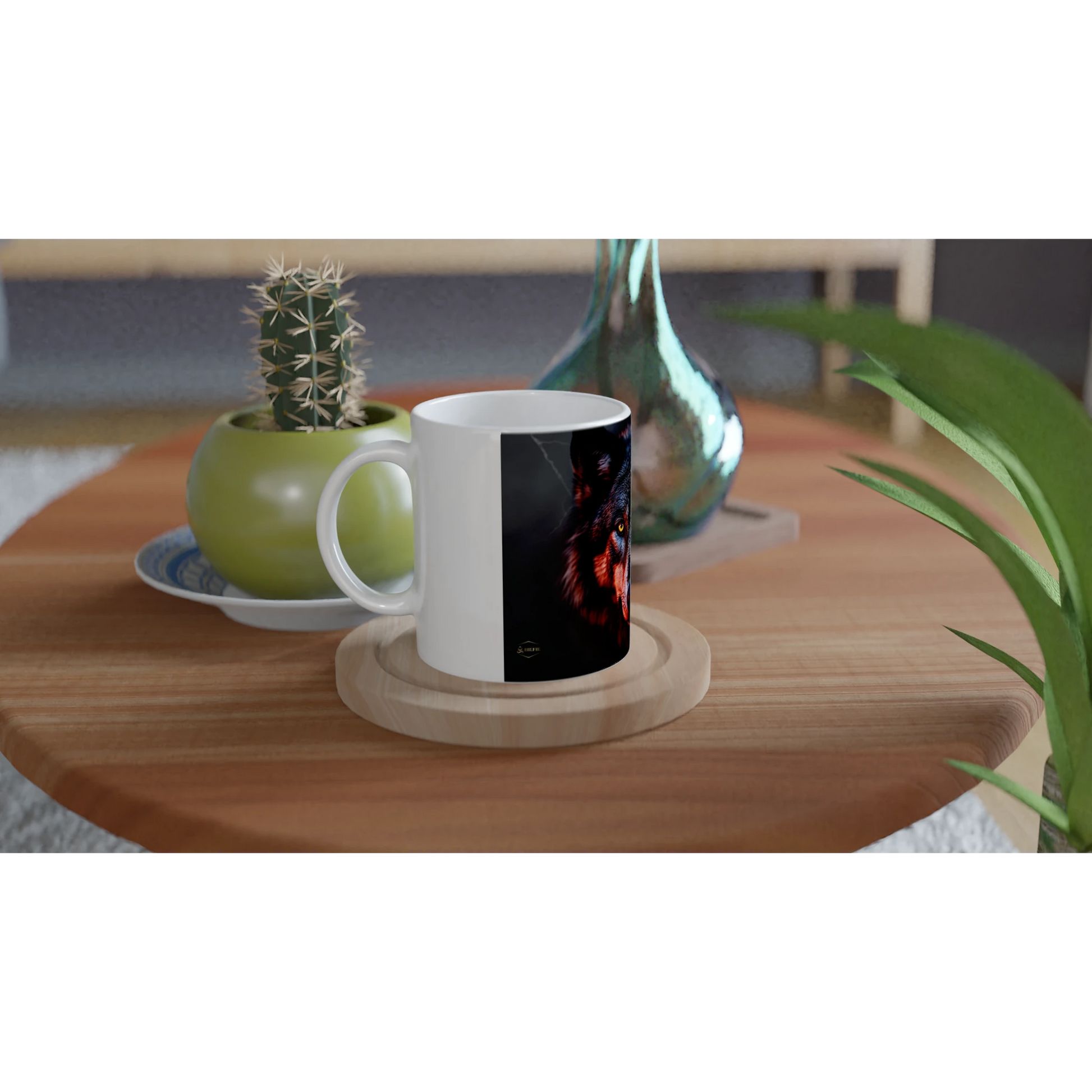 Mystieke wolf mok 325ml zijaanzicht gele ogen premium keramiek koffie mok cadeau