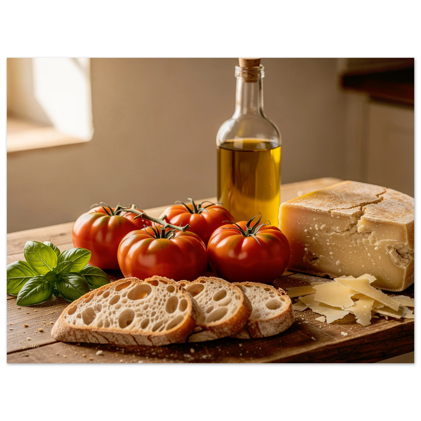 Wanddecoratie keuken 30x40cm mediterraanse ingrediënten tomaten olijfolie brood rustiek schilderij