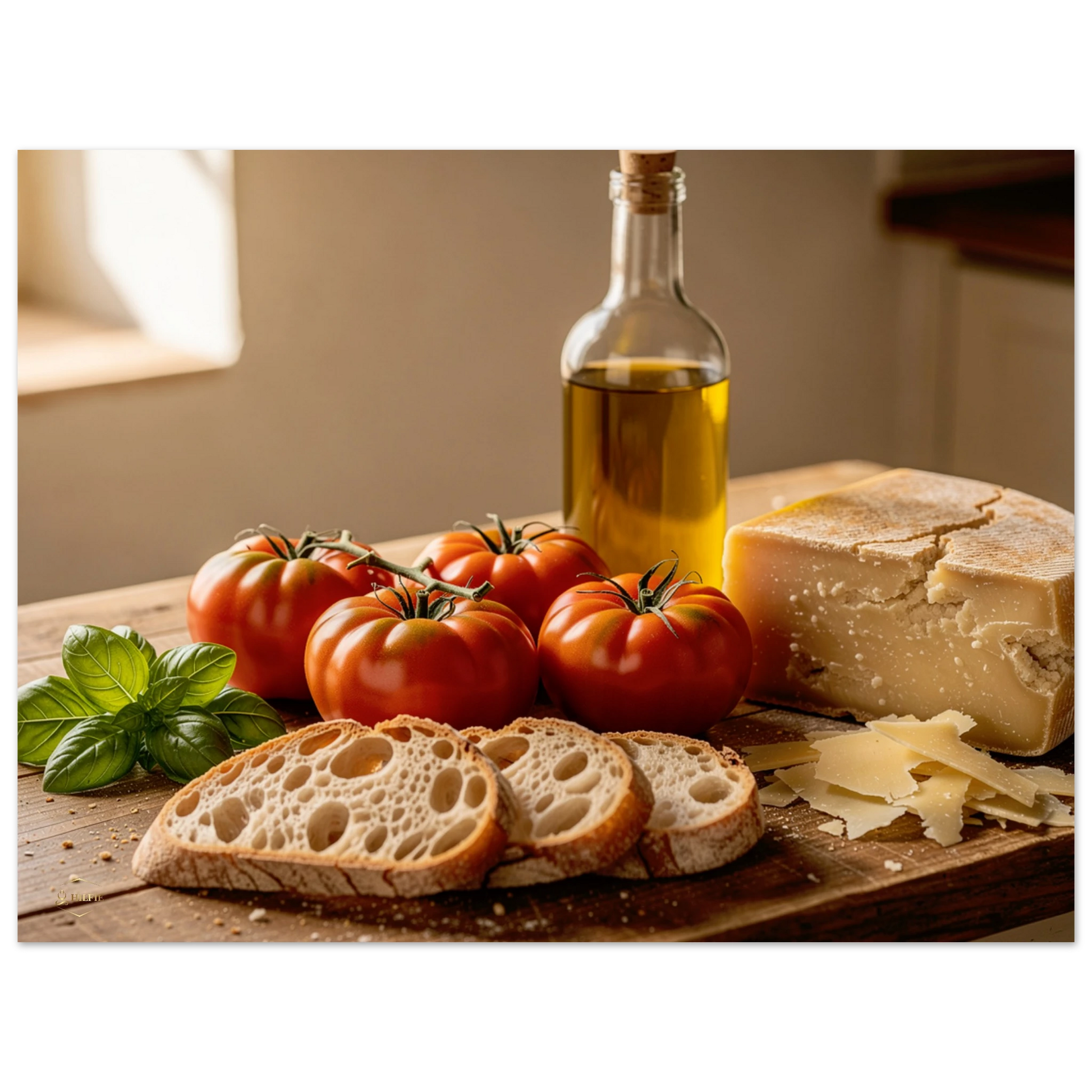 Wanddecoratie keuken 30x40cm mediterraanse ingrediënten tomaten olijfolie brood rustiek schilderij