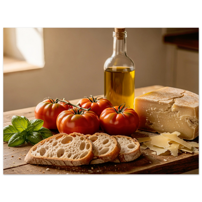 Wanddecoratie keuken 30x40cm mediterraanse ingrediënten tomaten olijfolie brood rustiek schilderij