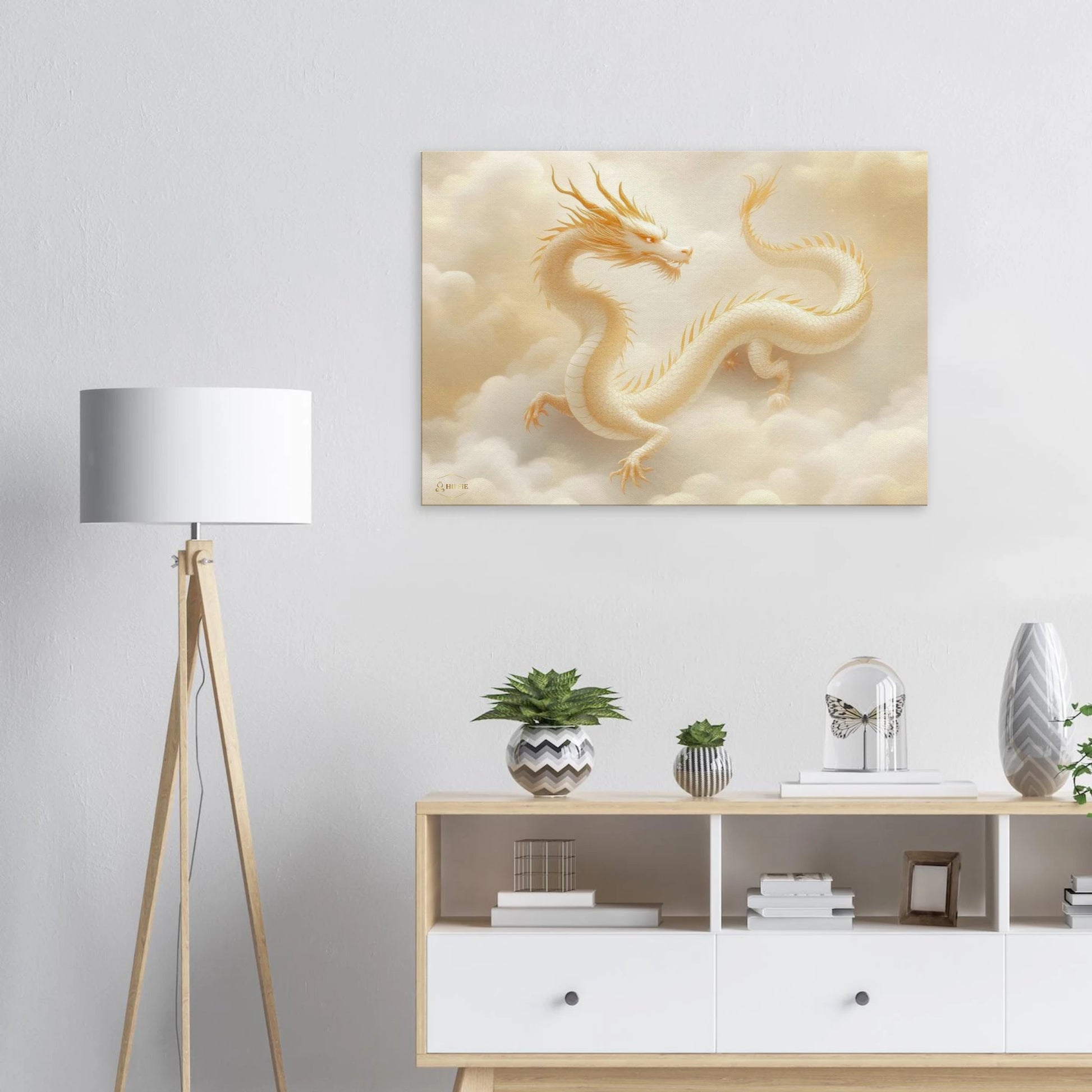 Grote wanddecoratie woonkamer canvas 70x100cm gouden draak oosterse kunst luxe