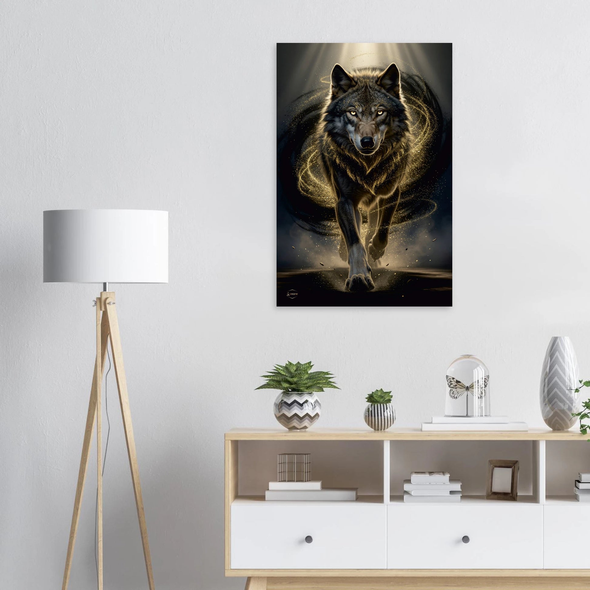 Wolf aluminium print 60x90cm detail mystieke wolf gouden energie dibond premium wanddecoratie luxe