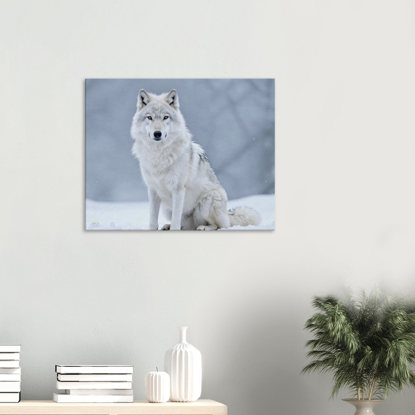 Arctische wolf canvas wanddecoratie 60x75cm woonkamer plaatsing sneeuwlandschap kunst
