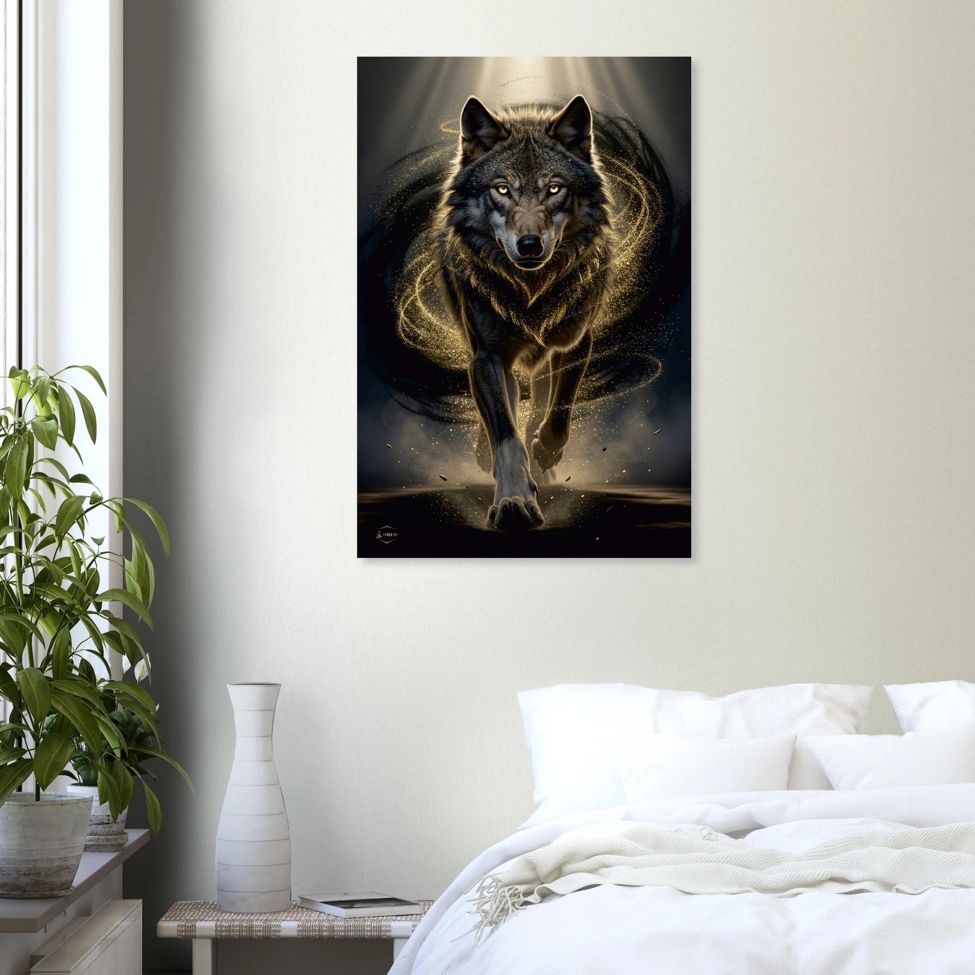 Mystieke wolf aluminium print 60x90cm woonkamer plaatsing gouden energie dibond kunst