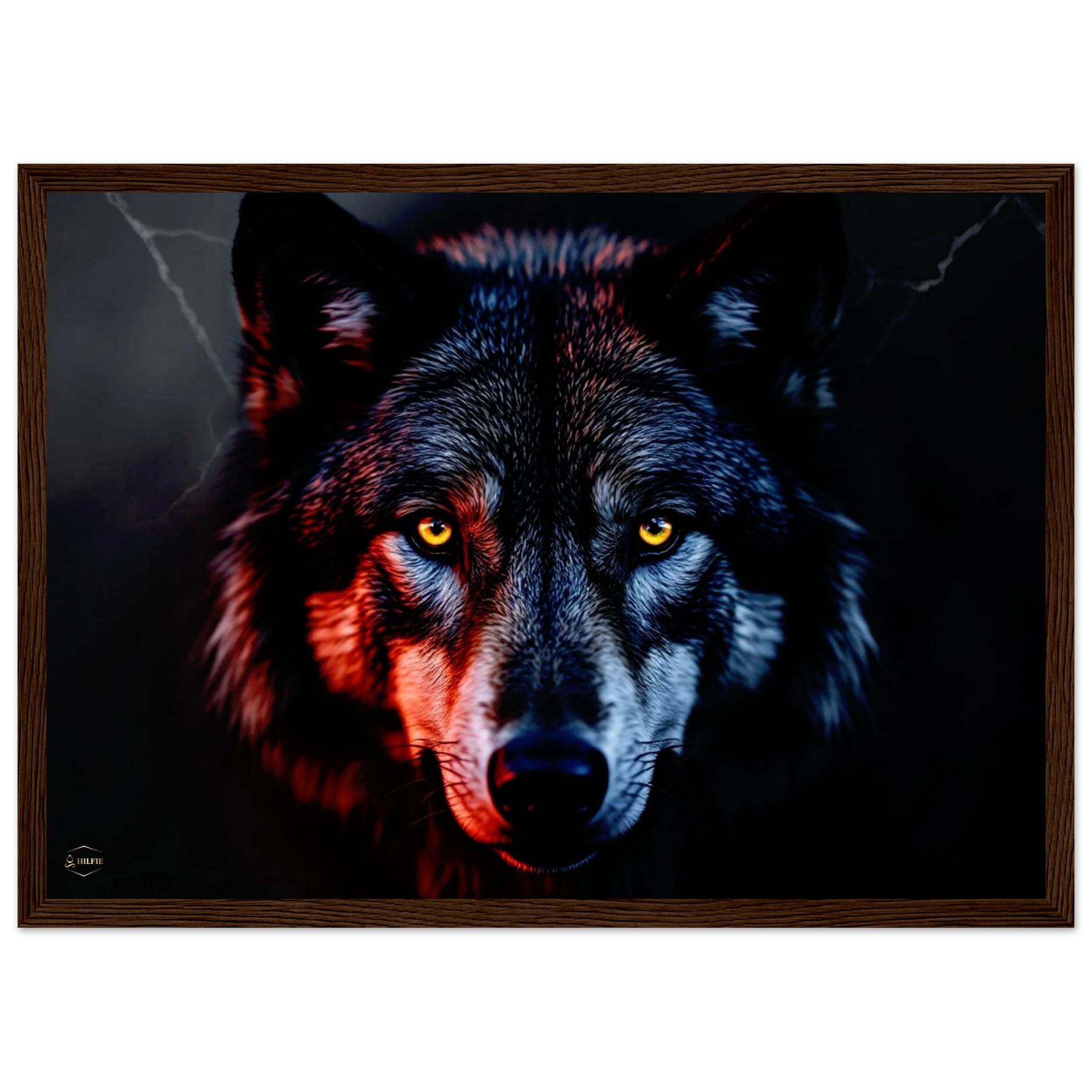 Wolf poster op hout A3 – mystieke natuur wanddecoratie in houten lijst