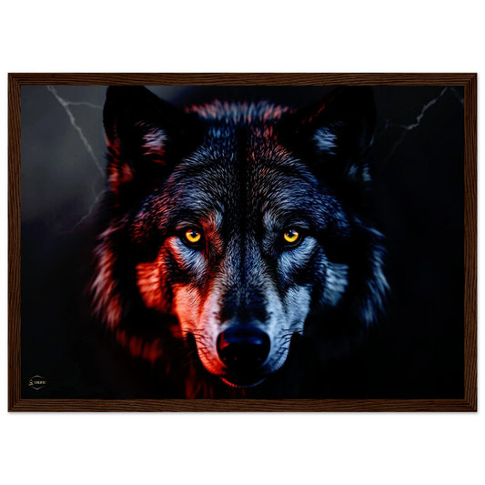 Wolf poster op hout A3 – mystieke natuur wanddecoratie in houten lijst