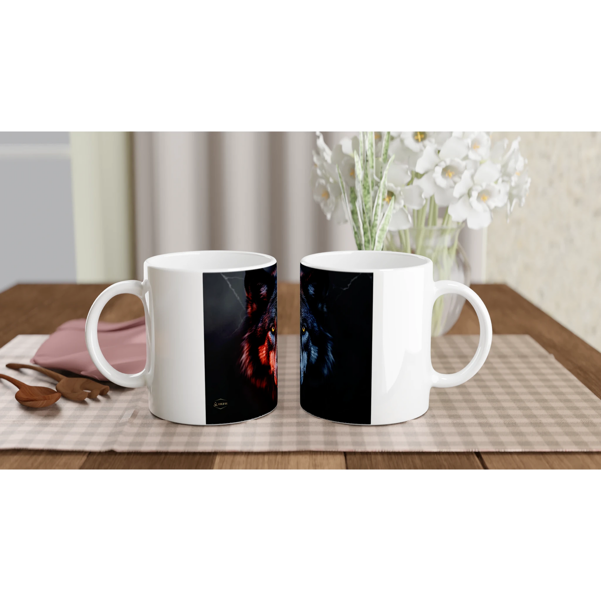 Wolf mok 325ml mystieke wolf detail gele ogen zwart rood blauw keramiek koffie mok