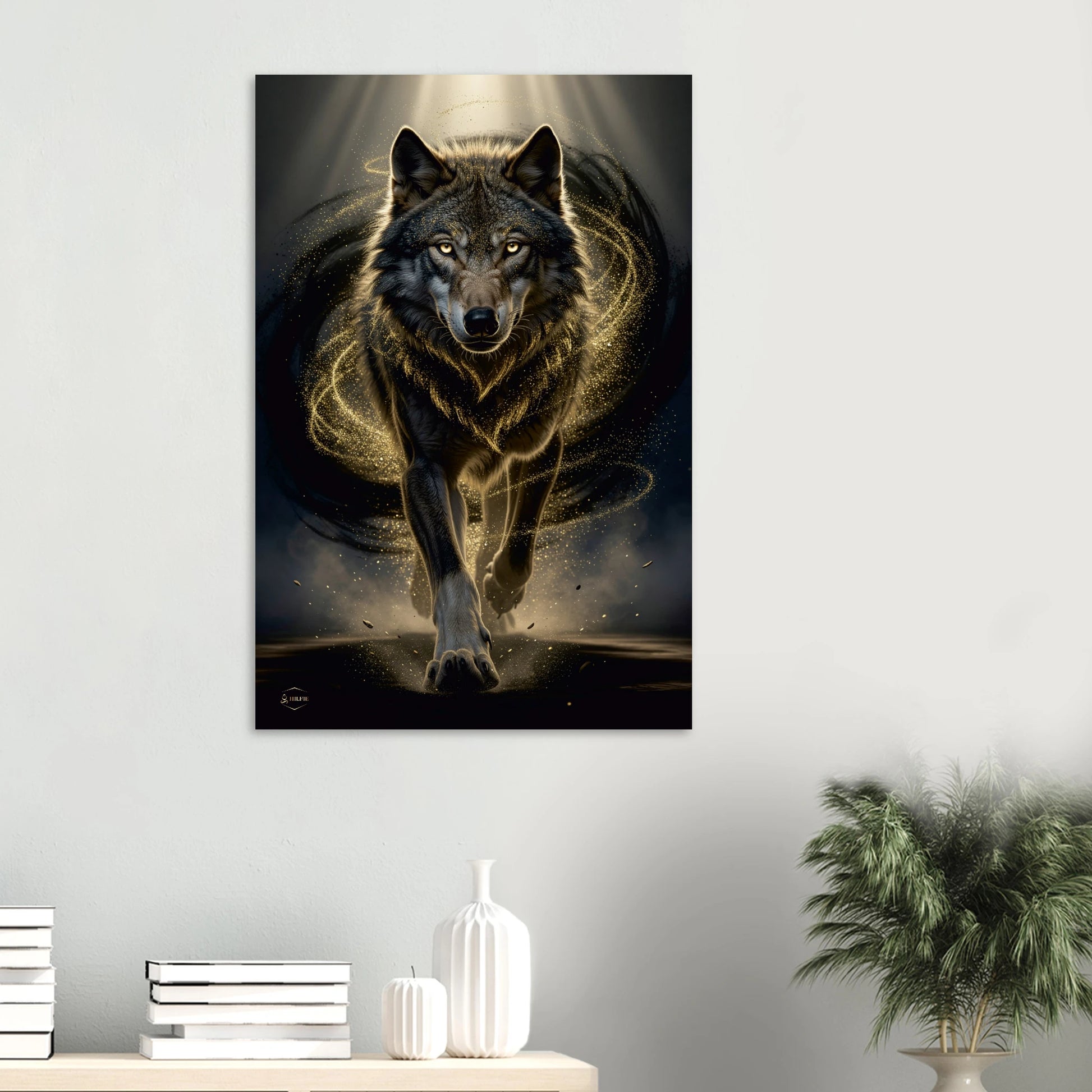 Wolf aluminium print 60x90cm mystieke wolf gouden energie dibond wanddecoratie premium luxe kunst