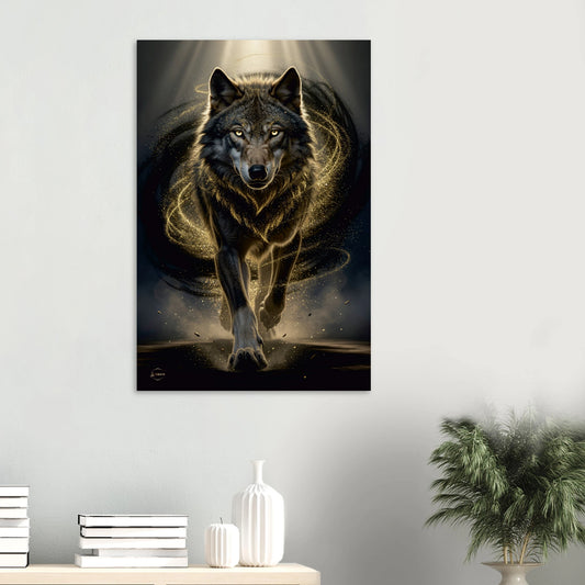 Wolf aluminium print 60x90cm mystieke wolf gouden energie dibond wanddecoratie premium luxe kunst